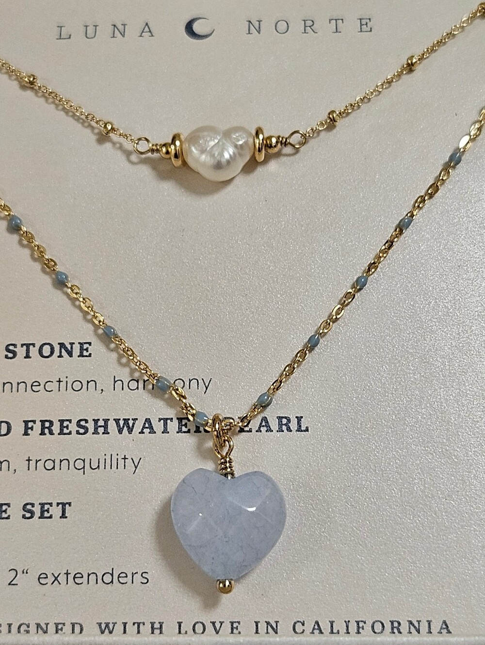 2 PC LUNA NORTE MOTHER OF PEARL BLUE STONES HEART PENDANT GOLD BRASS NECKLACES